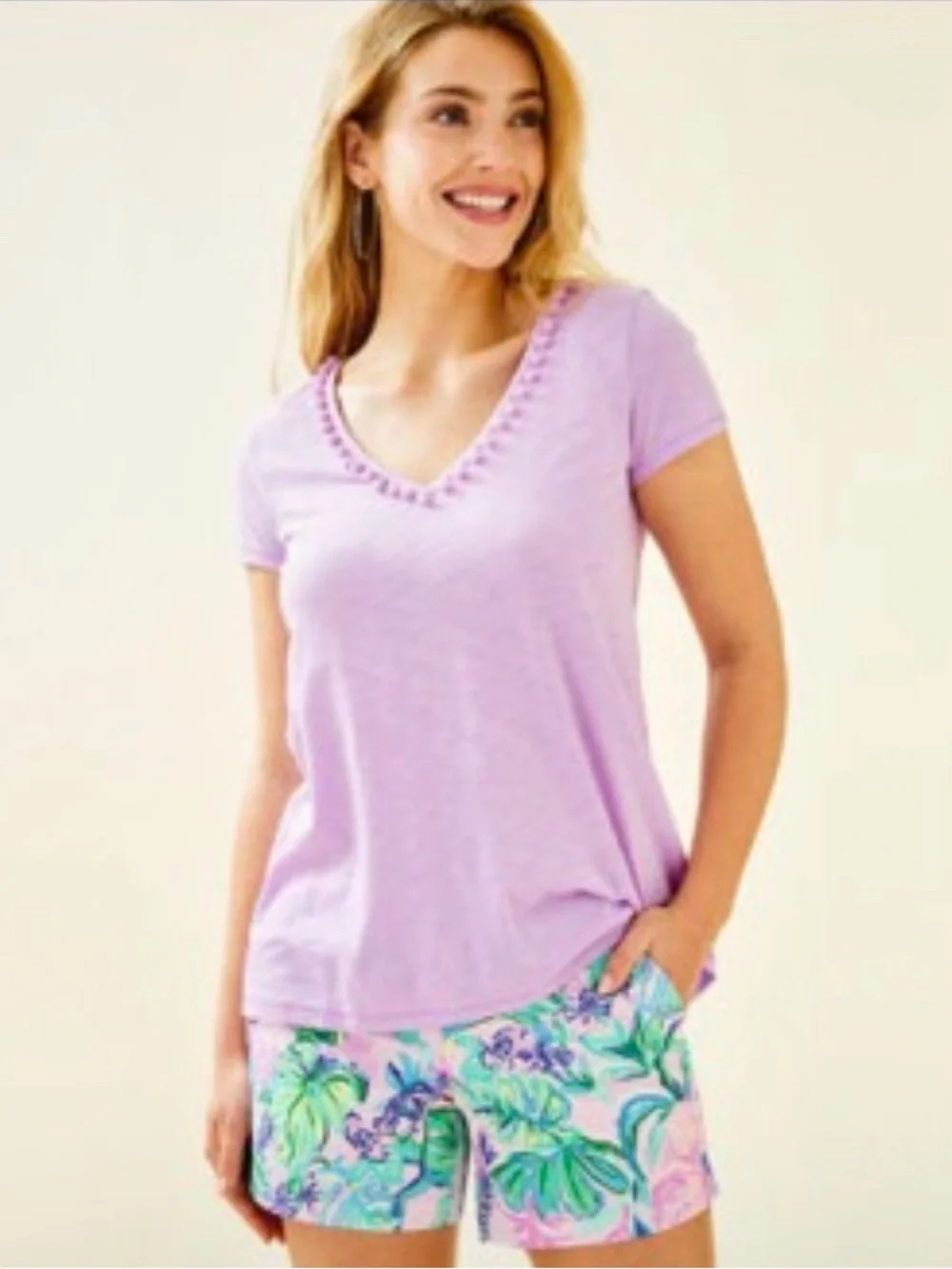 NWT Lilly Pulitzer Lavender Pom-Pom V-Neck Top - Picture 1 of 3
